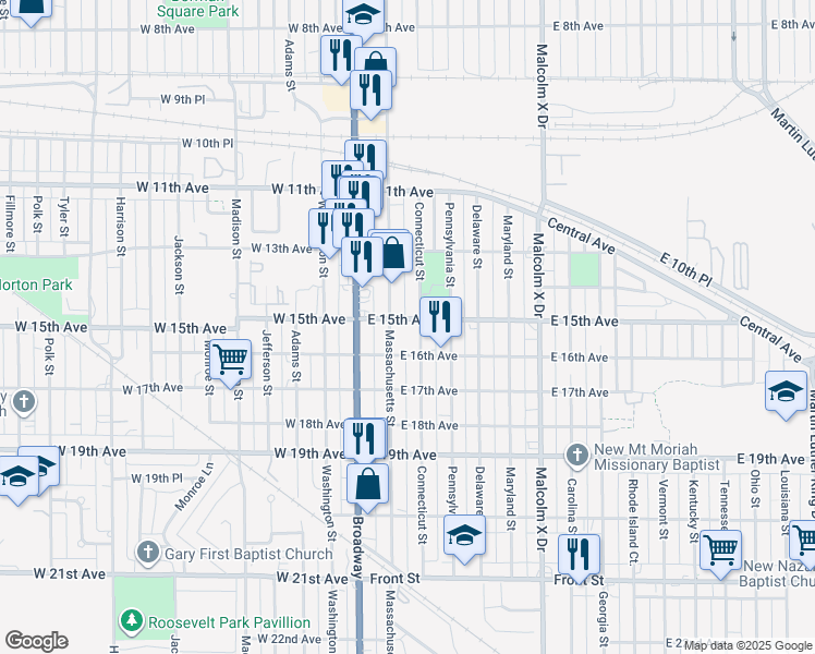 map of restaurants, bars, coffee shops, grocery stores, and more near 1501 Massachusetts Street in Gary