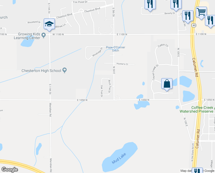 map of restaurants, bars, coffee shops, grocery stores, and more near 1062 Birch Trail Drive in Chesterton