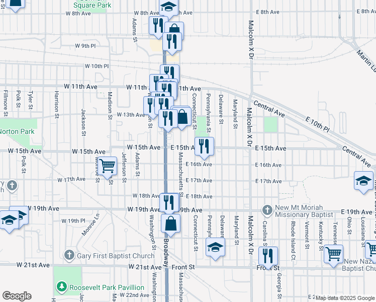 map of restaurants, bars, coffee shops, grocery stores, and more near 1501 Massachusetts Street in Gary