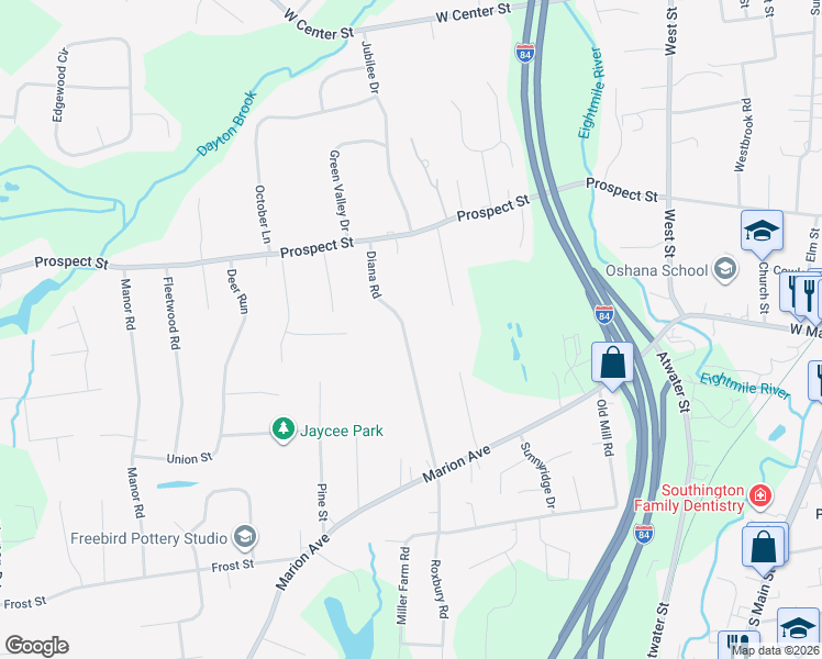 map of restaurants, bars, coffee shops, grocery stores, and more near 139 Diana Road in Southington