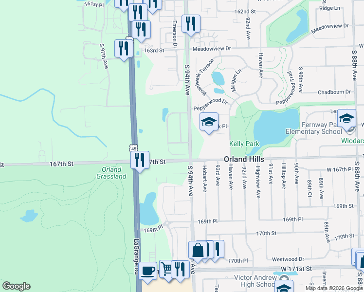 map of restaurants, bars, coffee shops, grocery stores, and more near 9401 166th Place in Orland Park