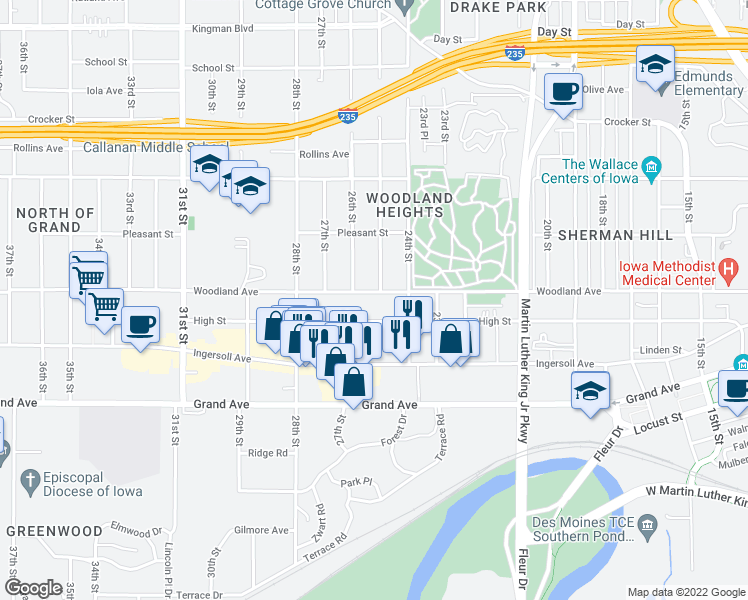map of restaurants, bars, coffee shops, grocery stores, and more near 2502 Woodland Avenue in Des Moines