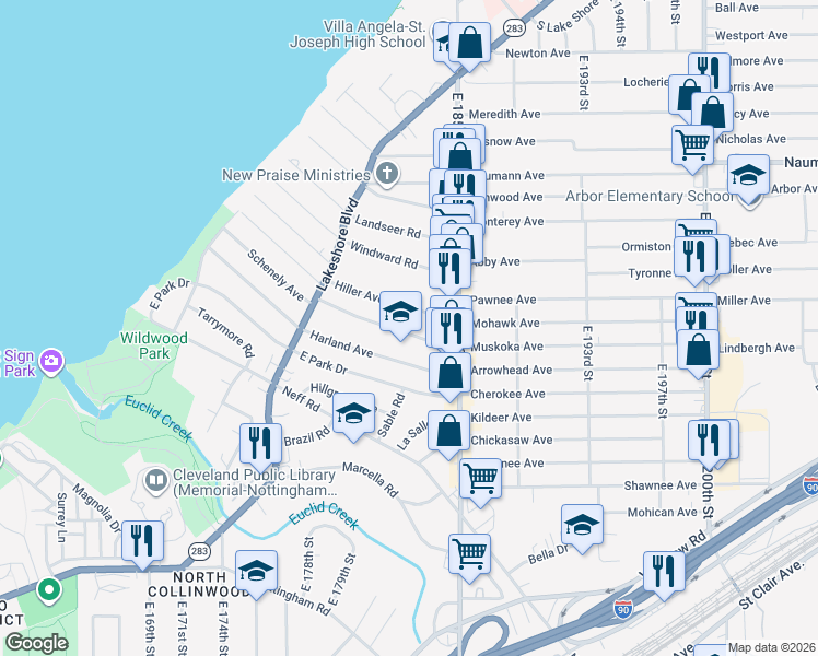 map of restaurants, bars, coffee shops, grocery stores, and more near 18217 Schenely Avenue in Cleveland