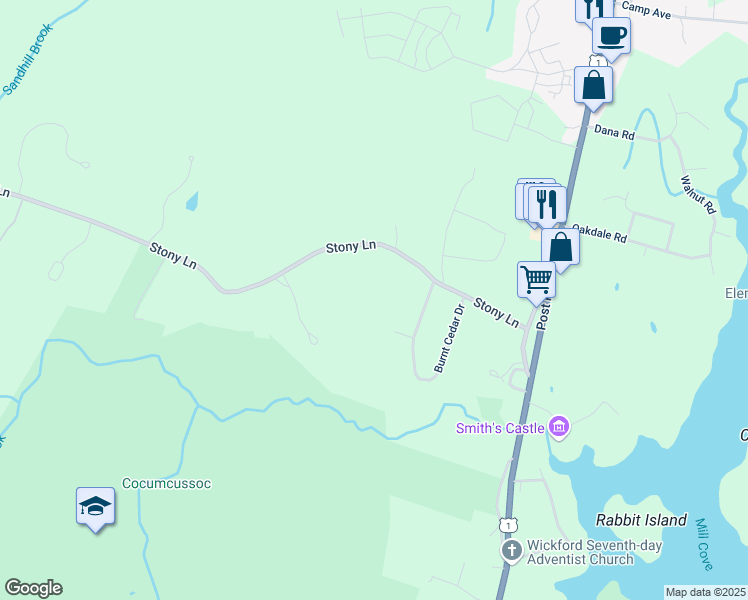 map of restaurants, bars, coffee shops, grocery stores, and more near in North Kingstown