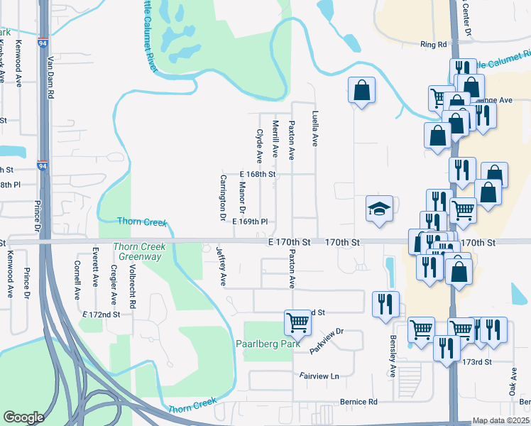 map of restaurants, bars, coffee shops, grocery stores, and more near 16905 Clyde Avenue in South Holland