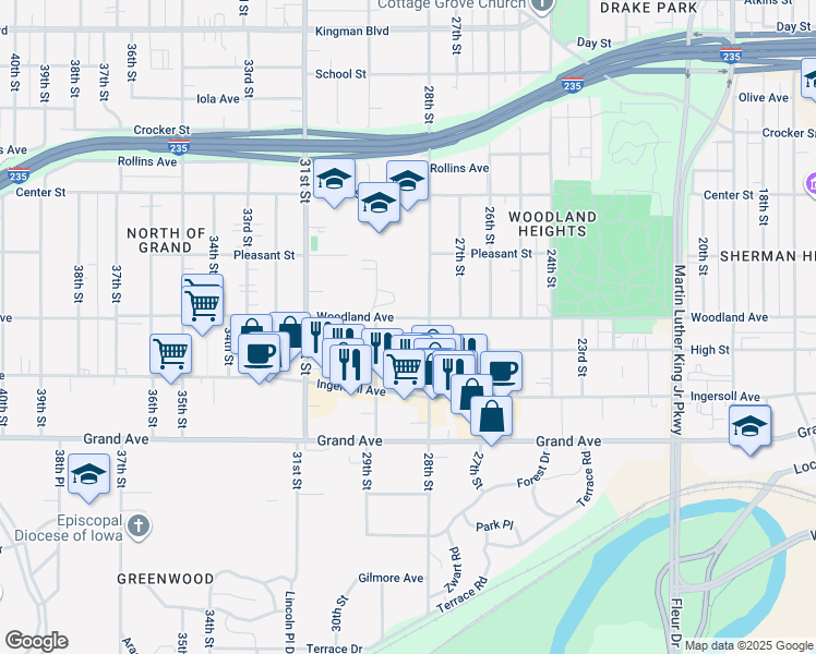 map of restaurants, bars, coffee shops, grocery stores, and more near 2816 Woodland Avenue in Des Moines