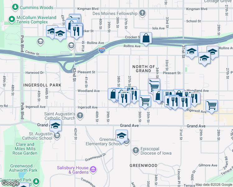 map of restaurants, bars, coffee shops, grocery stores, and more near 626 38th Street in Des Moines