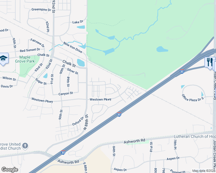 map of restaurants, bars, coffee shops, grocery stores, and more near 11105 Westown Parkway in West Des Moines