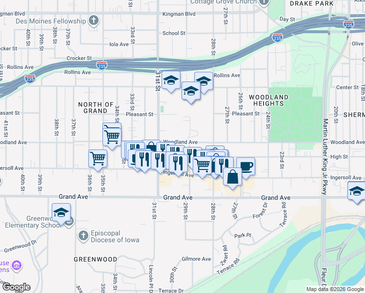 map of restaurants, bars, coffee shops, grocery stores, and more near 612 29th Street in Des Moines