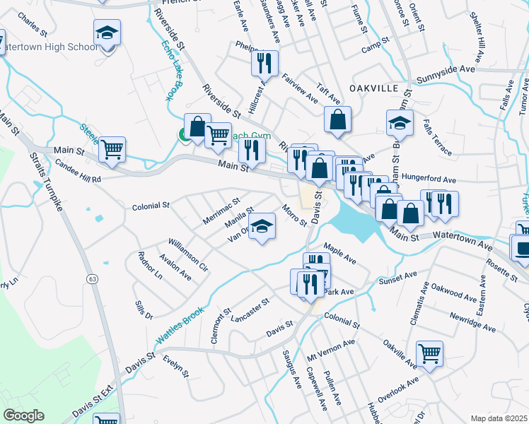 map of restaurants, bars, coffee shops, grocery stores, and more near 39 Van Orman Street in Watertown