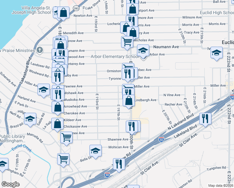 map of restaurants, bars, coffee shops, grocery stores, and more near 19707 Muskoka Avenue in Cleveland
