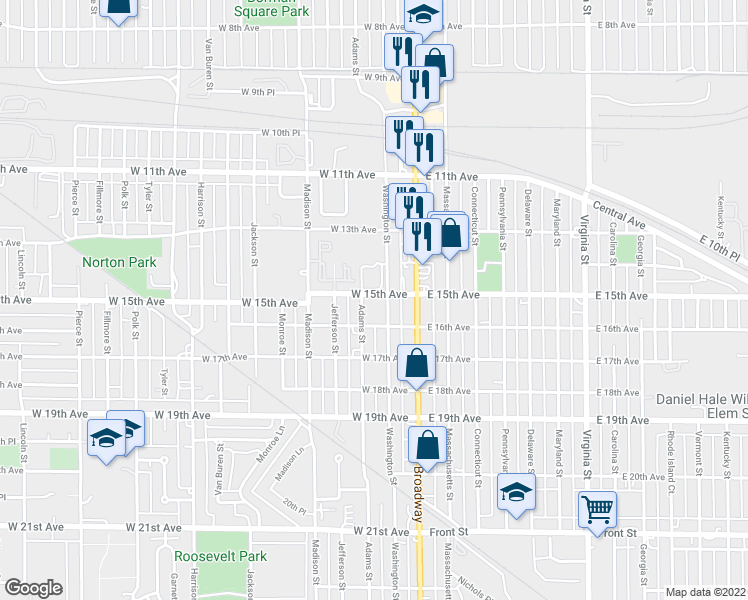 map of restaurants, bars, coffee shops, grocery stores, and more near 1500 Washington Street in Gary