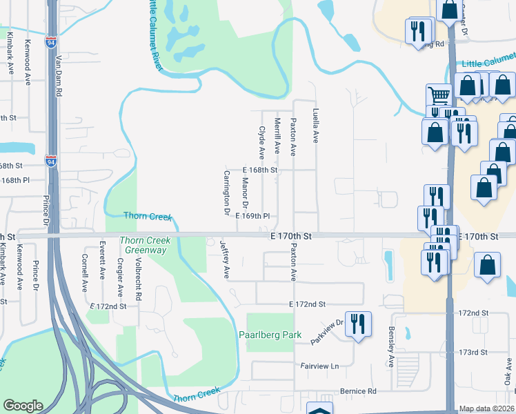 map of restaurants, bars, coffee shops, grocery stores, and more near 16911 Manor Drive in South Holland