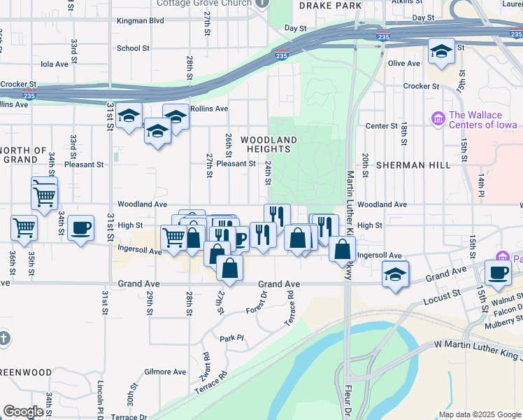 map of restaurants, bars, coffee shops, grocery stores, and more near 601 24th Street in West Des Moines