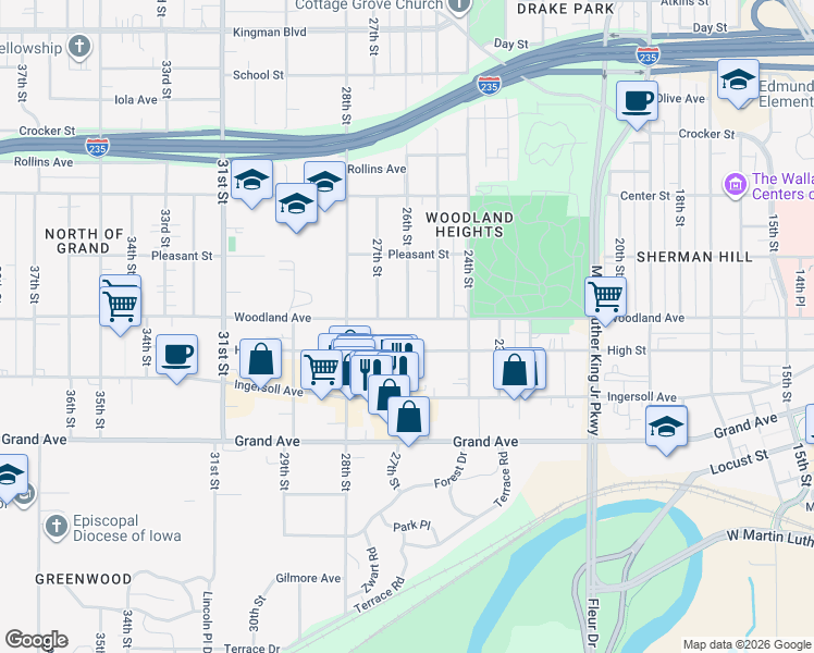 map of restaurants, bars, coffee shops, grocery stores, and more near 2611 High Street in Des Moines
