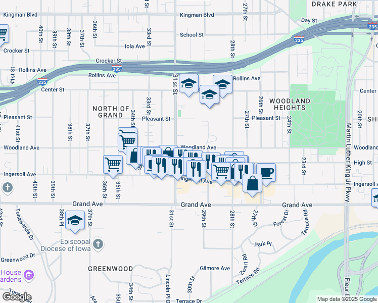map of restaurants, bars, coffee shops, grocery stores, and more near 3015 High Street in Des Moines