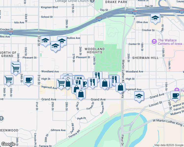 map of restaurants, bars, coffee shops, grocery stores, and more near 2406 Woodland Avenue in Des Moines