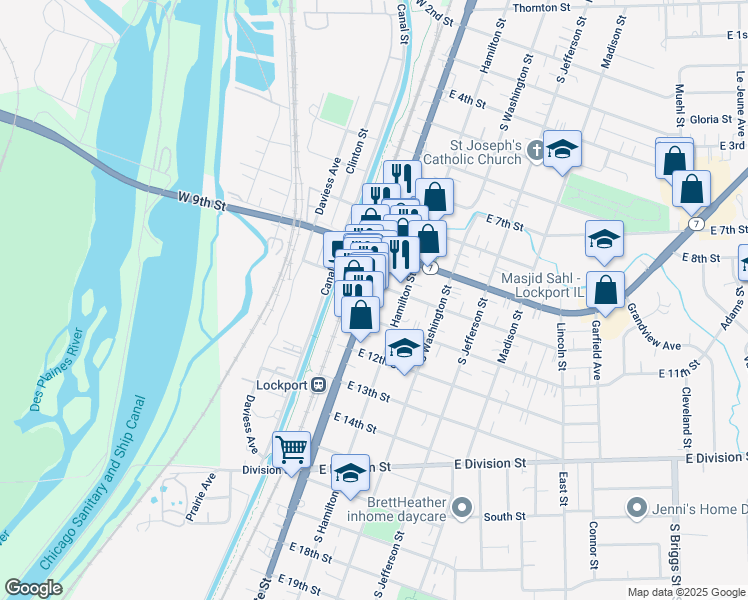 map of restaurants, bars, coffee shops, grocery stores, and more near 118 East 11th Street in Lockport