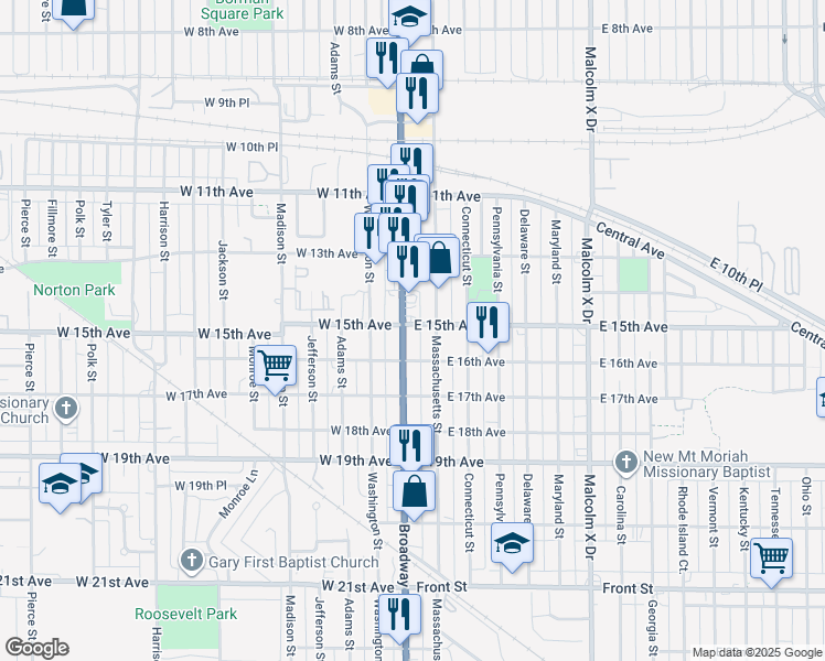 map of restaurants, bars, coffee shops, grocery stores, and more near 1501 Broadway in Gary