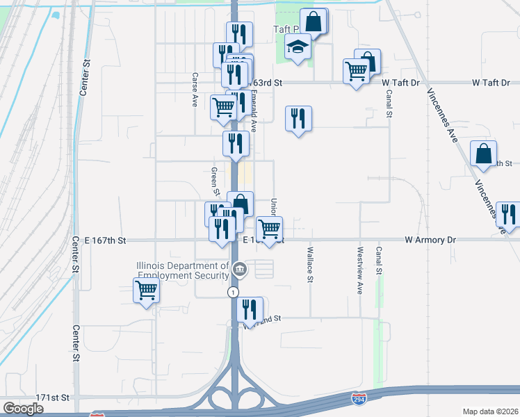 map of restaurants, bars, coffee shops, grocery stores, and more near 16616 Union Avenue in Harvey