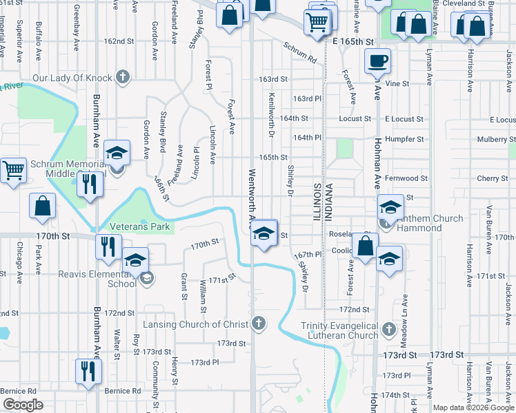 map of restaurants, bars, coffee shops, grocery stores, and more near 1575 Wentworth Avenue in Calumet City