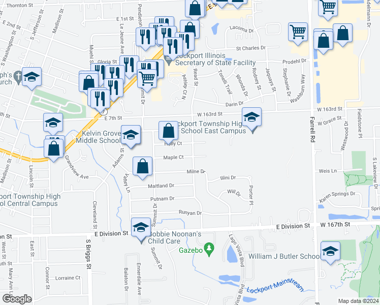 map of restaurants, bars, coffee shops, grocery stores, and more near 827 Read Street in Lockport
