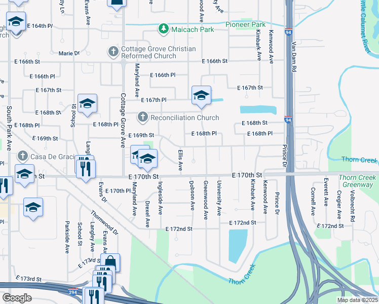 map of restaurants, bars, coffee shops, grocery stores, and more near 16906 Dobson Court in South Holland