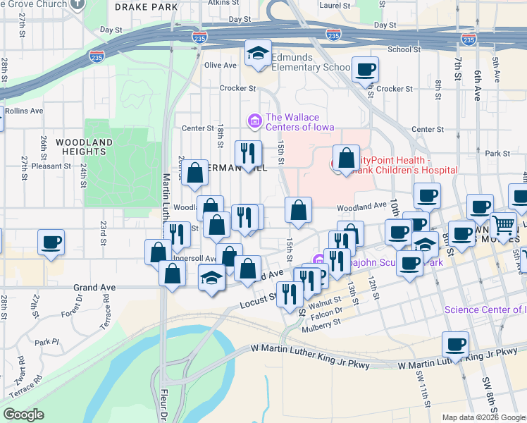 map of restaurants, bars, coffee shops, grocery stores, and more near 610 16th Street in Des Moines