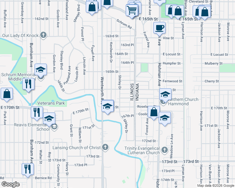 map of restaurants, bars, coffee shops, grocery stores, and more near 1566 Shirley Drive in Calumet City