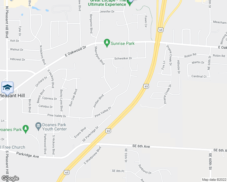 map of restaurants, bars, coffee shops, grocery stores, and more near 5385 Jordan Boulevard in Pleasant Hill