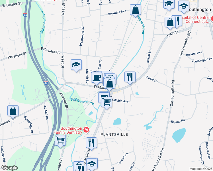 map of restaurants, bars, coffee shops, grocery stores, and more near 19 West Main Street in Southington