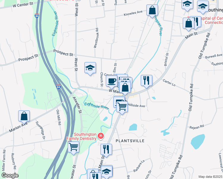 map of restaurants, bars, coffee shops, grocery stores, and more near 98 West Main Street in Southington