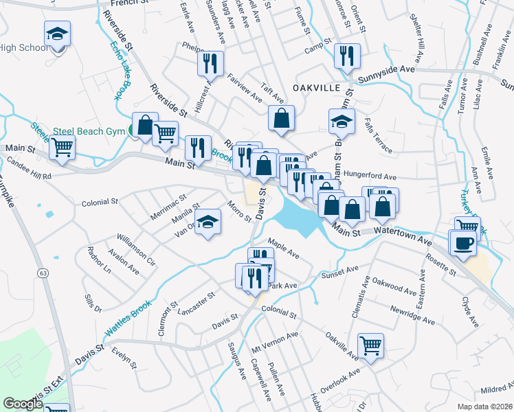 map of restaurants, bars, coffee shops, grocery stores, and more near 54 Davis Street in Watertown