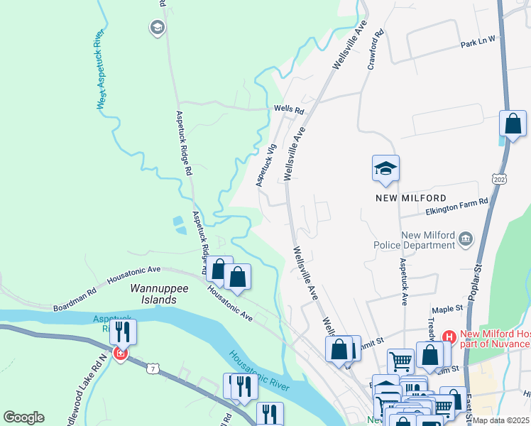map of restaurants, bars, coffee shops, grocery stores, and more near 162 Aspetuck Village in New Milford