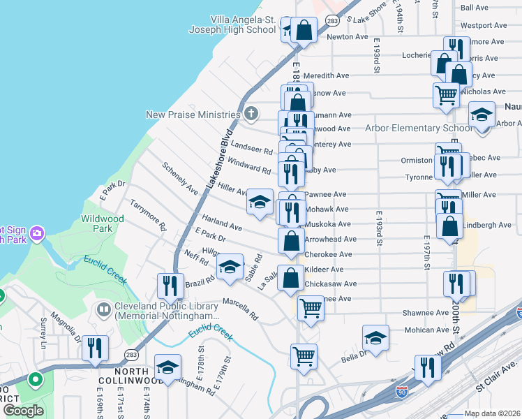 map of restaurants, bars, coffee shops, grocery stores, and more near 18213-18217 Schenely Avenue in Cleveland