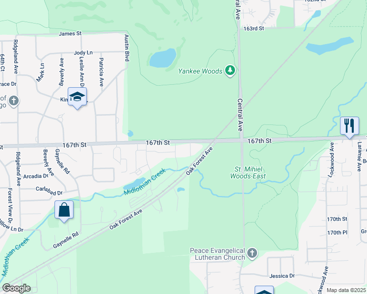 map of restaurants, bars, coffee shops, grocery stores, and more near 5671 167th Street in Tinley Park