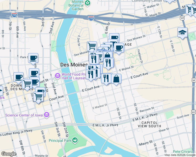 map of restaurants, bars, coffee shops, grocery stores, and more near 322 East Court Avenue in Des Moines