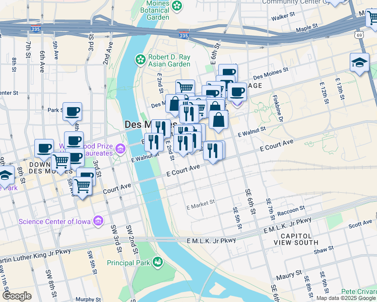 map of restaurants, bars, coffee shops, grocery stores, and more near 222 East 3rd Street in Des Moines