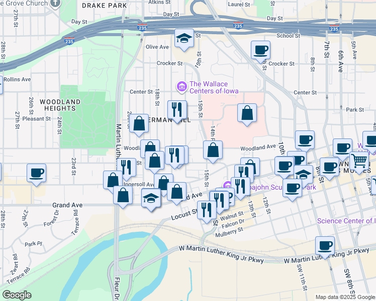 map of restaurants, bars, coffee shops, grocery stores, and more near 610 16th Street in Des Moines