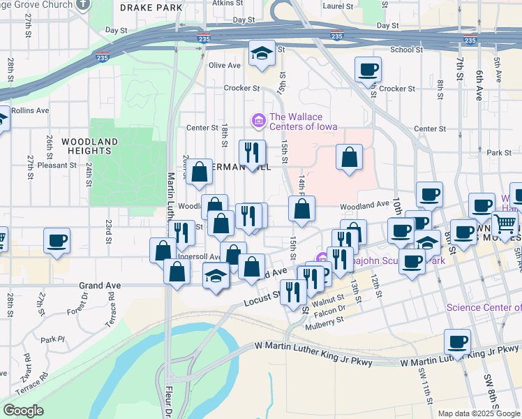 map of restaurants, bars, coffee shops, grocery stores, and more near 610 16th Street in Des Moines