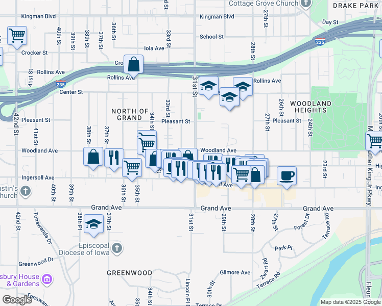 map of restaurants, bars, coffee shops, grocery stores, and more near 626 31st Street in Des Moines