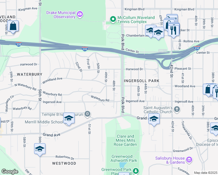 map of restaurants, bars, coffee shops, grocery stores, and more near 629 49th Street in Des Moines