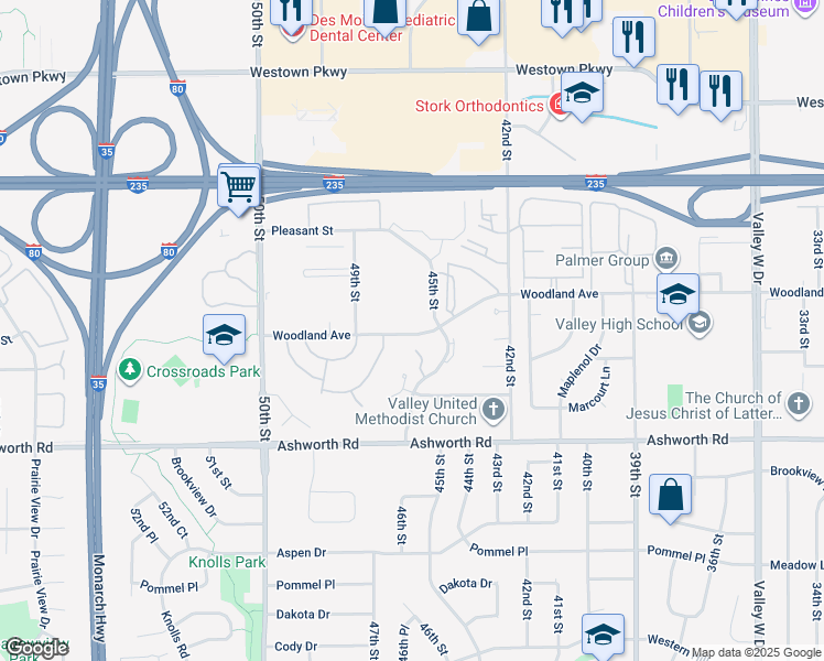 map of restaurants, bars, coffee shops, grocery stores, and more near 1060 Woodland Park Drive in West Des Moines