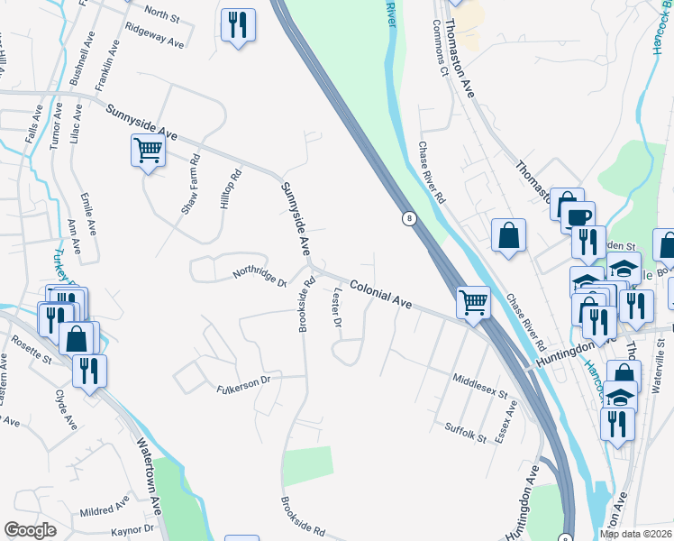map of restaurants, bars, coffee shops, grocery stores, and more near 370 Colonial Avenue in Waterbury