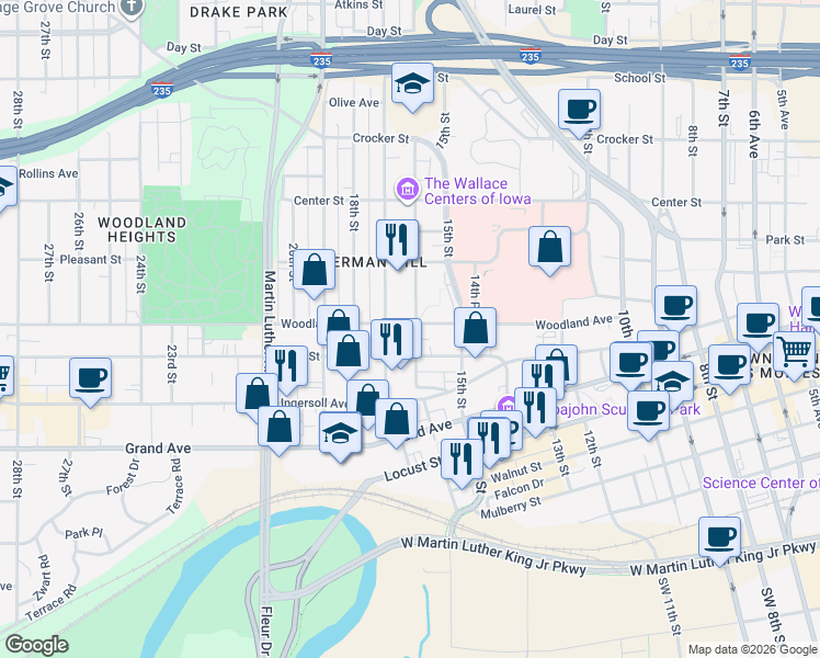 map of restaurants, bars, coffee shops, grocery stores, and more near 610 16th Street in Des Moines