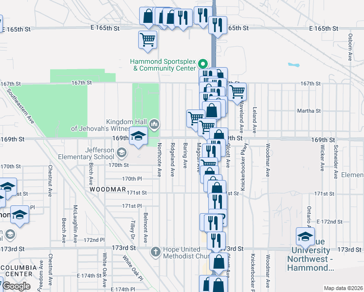 map of restaurants, bars, coffee shops, grocery stores, and more near 6925 Ridgeland Avenue in Hammond