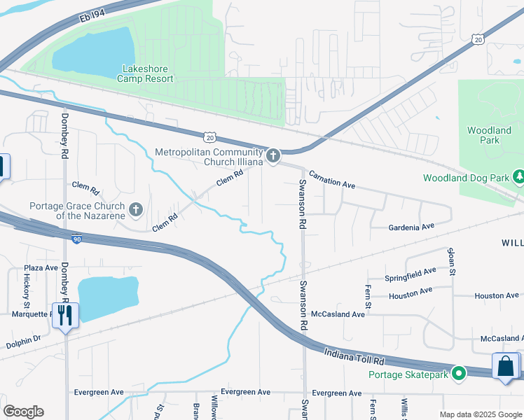 map of restaurants, bars, coffee shops, grocery stores, and more near 2223 Gina Street in Portage
