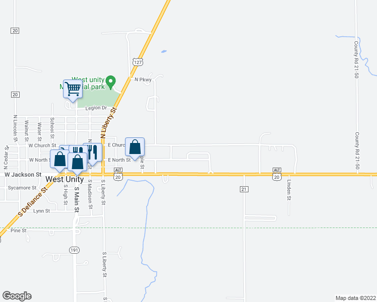 map of restaurants, bars, coffee shops, grocery stores, and more near 714 East North Street in West Unity