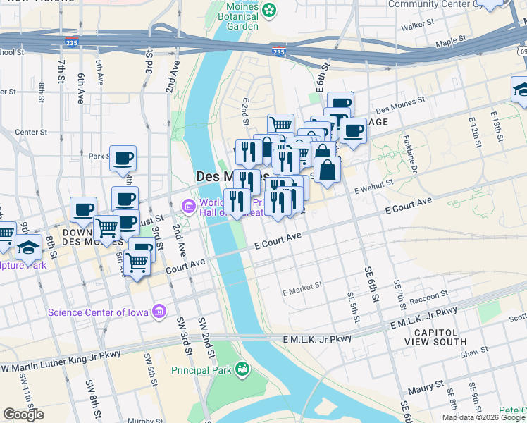 map of restaurants, bars, coffee shops, grocery stores, and more near 107 East Walnut Street in Des Moines
