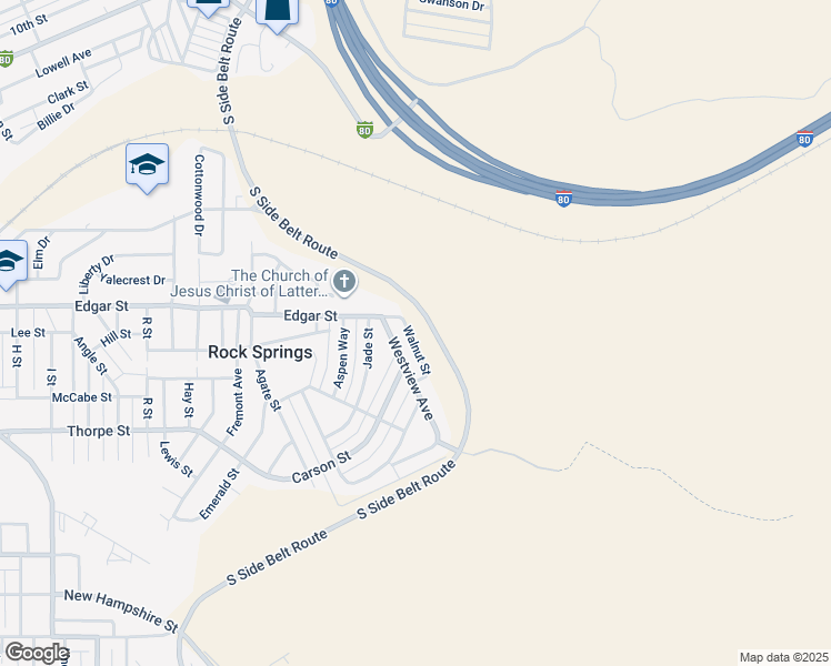 map of restaurants, bars, coffee shops, grocery stores, and more near N Side Belt Route in Rock Springs
